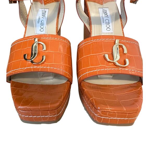 Jimmy Choo Croc Embossed Orange Leather Logo Wedge Sandals 40 - Picture 6 of 10